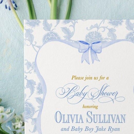 Boy Baby Shower Invitations, baby boy sprinkle invites, whimsical blue chinoiserie, grandmillenial garden tea party, southern sip and see (10 printed invitations, Plain White Envelopes)