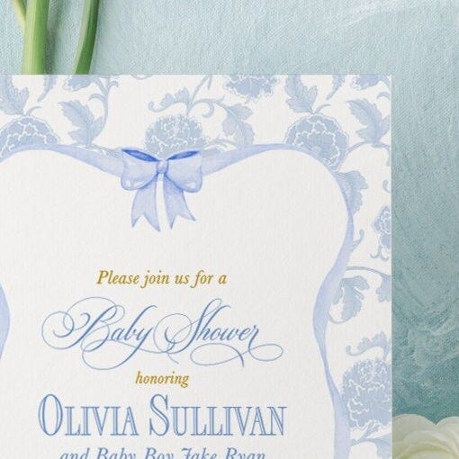 Boy Baby Shower Invitations, baby boy sprinkle invites, whimsical blue chinoiserie, grandmillenial garden tea party, southern sip and see (10 printed invitations, Plain White Envelopes)