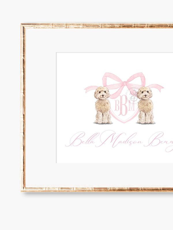 Monogram Crest Wall Art for Baby Girl Nursery - Watercolor Golden Doodles - Printable Baby Monogram Grandmillenial (5x7 | Landscape)