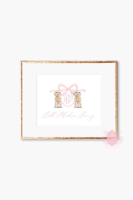 Monogram Crest Wall Art for Baby Girl Nursery - Watercolor Golden Doodles - Printable Baby Monogram Grandmillenial (5x7 | Landscape)