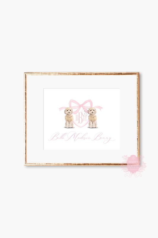 Monogram Crest Wall Art for Baby Girl Nursery - Watercolor Golden Doodles - Printable Baby Monogram Grandmillenial (5x7 | Landscape)