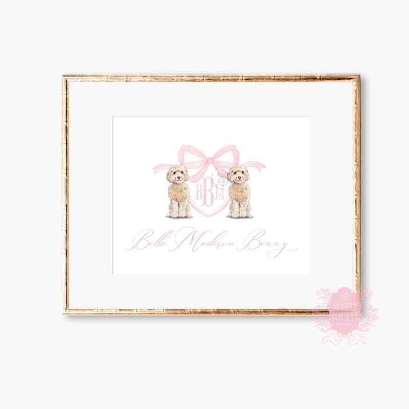 Monogram Crest Wall Art for Baby Girl Nursery - Watercolor Golden Doodles - Printable Baby Monogram Grandmillenial (5x7 | Landscape)