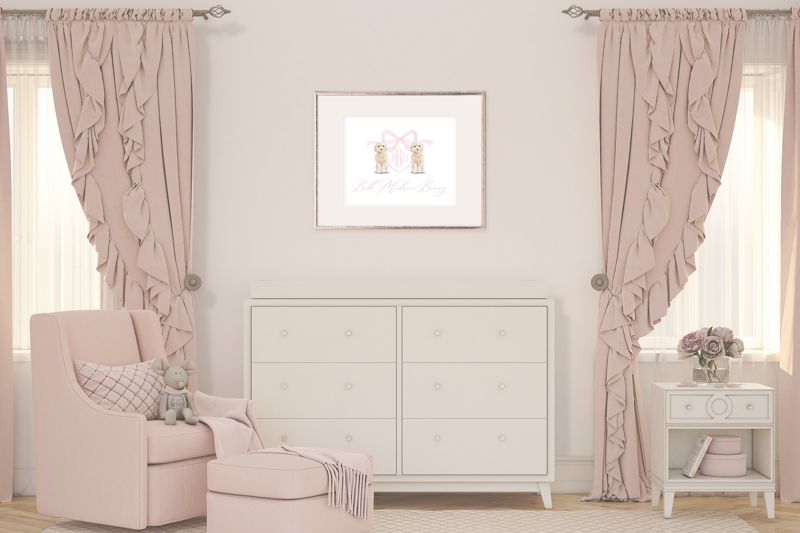 Monogram Crest Wall Art for Baby Girl Nursery - Watercolor Golden Doodles - Printable Baby Monogram Grandmillenial (5x7 | Landscape)