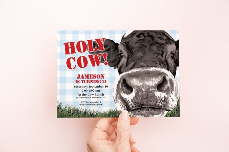Holy Cow - Blue Gingham Boy First Birthday Party Invitation (10 printed invitations | Plain White Envelopes)