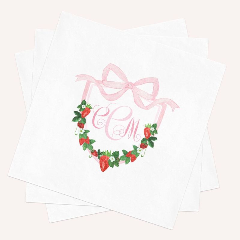 Berry Sweet Strawberry Monogram Napkins for Girl Baby Shower or Birthday Party, Pink Bow Monogram Crest Paper Napkins, Cocktail Napkins (100 Printed Napkins)