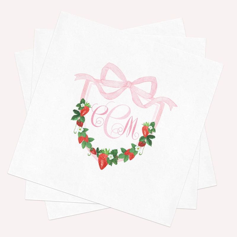 Berry Sweet Strawberry Monogram Napkins for Girl Baby Shower or Birthday Party, Pink Bow Monogram Crest Paper Napkins, Cocktail Napkins (100 Printed Napkins)