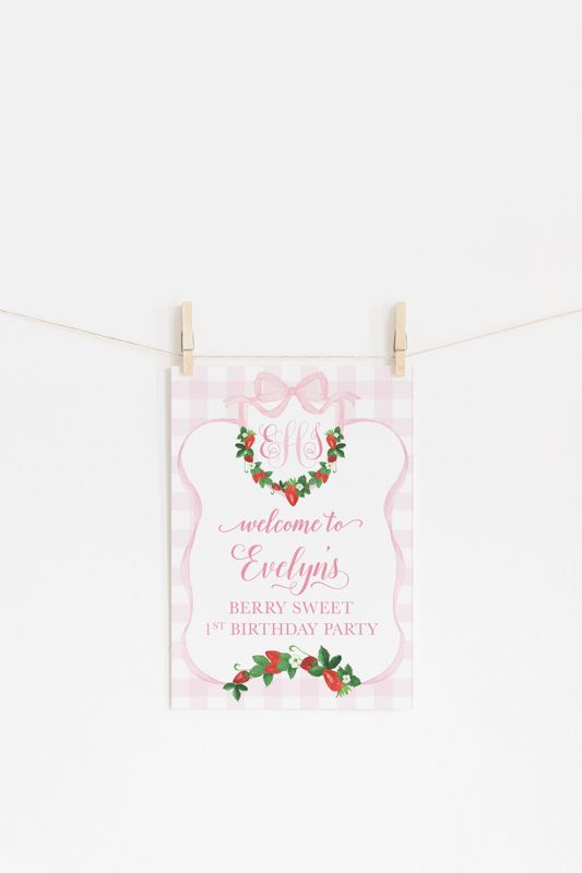 Berry Sweet 1st Birthday Welcome Sign Printable - Preppy Monogram - Strawberry Pink Gingham Birthday Sign - First Birthday Welcome Sign