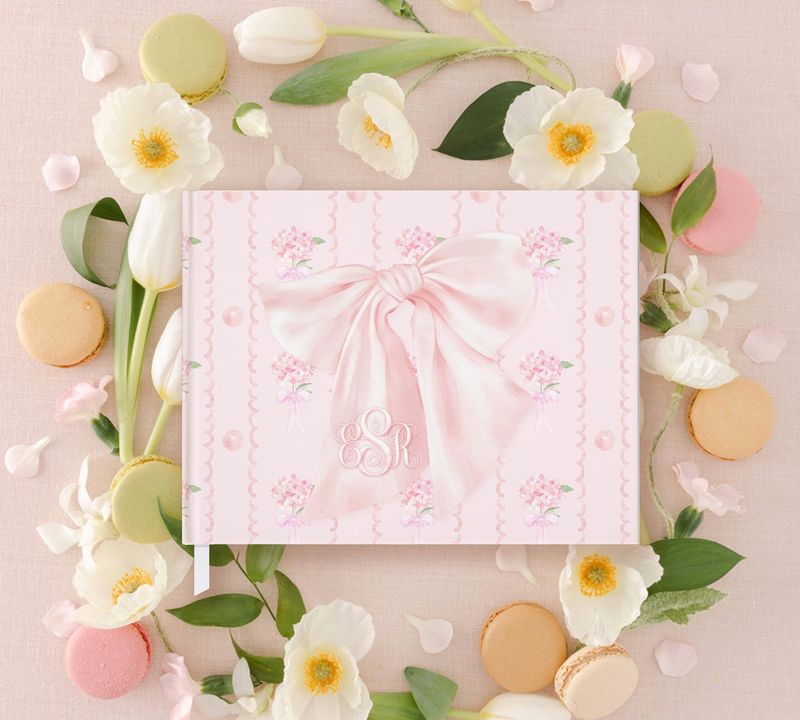 Fancy Pink Bow Guest Book for Baby Girl Shower - Pink Hyrdangea - Blank Book - Custom Guestbook - Baby Shower Gift - Monogram Guestbook
