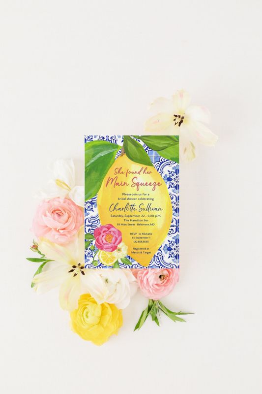 Main Squeeze Bridal Shower Invitations - Lemon Bridal Luncheon Invites - Blue Tile and Lemons Party Lemon Theme - She found her main squeeze (10 printed invitations | Plain White Envelopes)