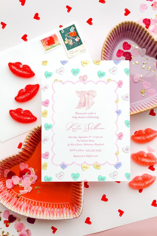 Valentines Day Baby Girl Shower Invitations - Candy Hearts Baby Sprinkle - Baby Girl Sip and See - Baby Blessing - Fancy Pink Bow Invite (10 printed invitations, Plain White Envelopes)