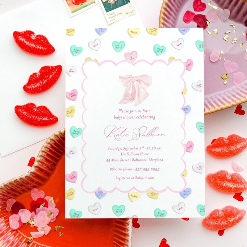 Valentines Day Baby Girl Shower Invitations - Candy Hearts Baby Sprinkle - Baby Girl Sip and See - Baby Blessing - Fancy Pink Bow Invite (10 printed invitations, Plain White Envelopes)