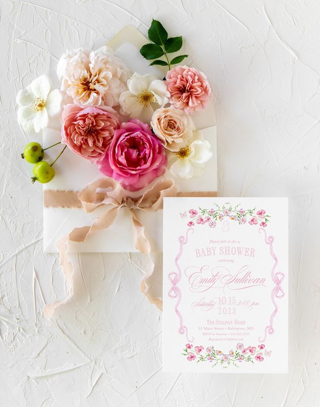 Fancy Pink Bow Baby Girl Shower Invitations - Girl Baby Sprinkle - Pink Bow Love Fancy Party Feminine Printable