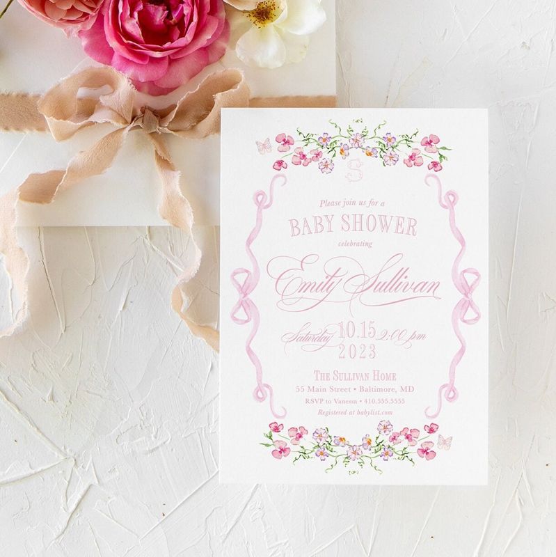 Fancy Pink Bow Baby Girl Shower Invitations - Girl Baby Sprinkle - Pink Bow Love Fancy Party Feminine Printable