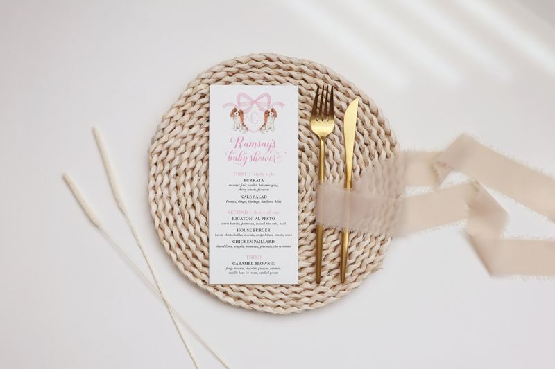 Printed Menu Cards For Girl Baby Shower- Cavalier King Charles Menu - Birthday Party Menu - Bridesmaid Luncheon - Brunch and Bubbly (JPG one per page)