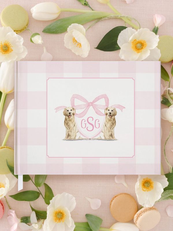 Girl Baby Shower Guest Book - Golden Retriever Monogram Crest - Pastel Pink Gingham Book - Baby Girl Sprinkle Guest Book Monogram