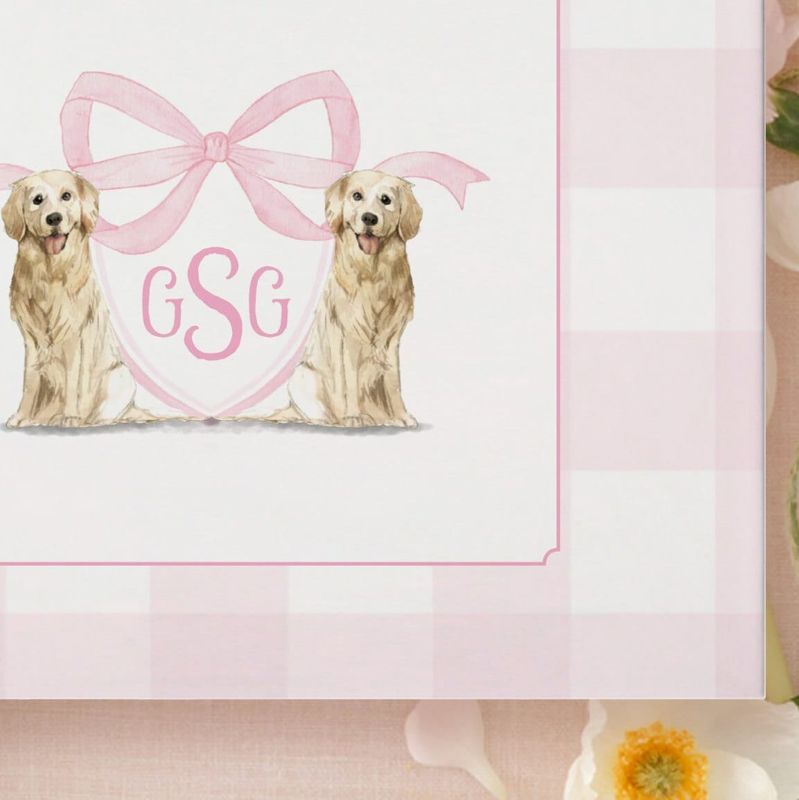 Girl Baby Shower Guest Book - Golden Retriever Monogram Crest - Pastel Pink Gingham Book - Baby Girl Sprinkle Guest Book Monogram