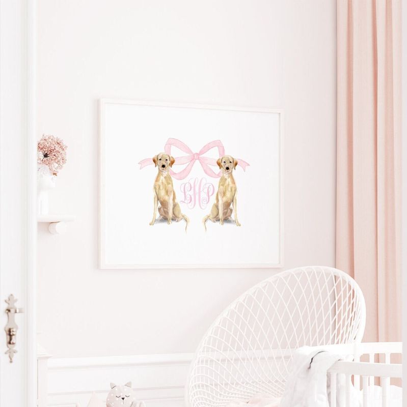 Pink Monogram Crest Wall Art for Nursery - Baby Girl Nursery - Labrador Retriever Art Print Girl Room Decor - Grandmillenial Girls Room (5x7 | Portrait)