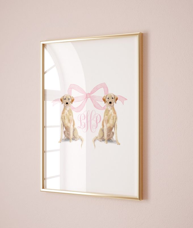 Pink Monogram Crest Wall Art for Nursery - Baby Girl Nursery - Labrador Retriever Art Print Girl Room Decor - Grandmillenial Girls Room (5x7 | Portrait)