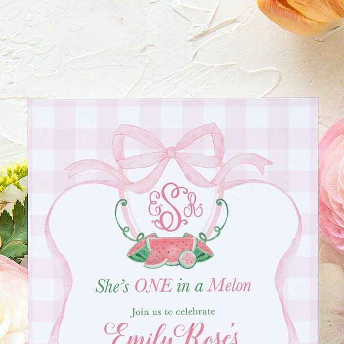 Watermelon First Birthday Invitation - Preppy Pink Monogram - One in a Melon - Gingham Bow Party - Watercolor Watermelon - Watermelon Party (10 printed invitations | Plain White Envelopes)