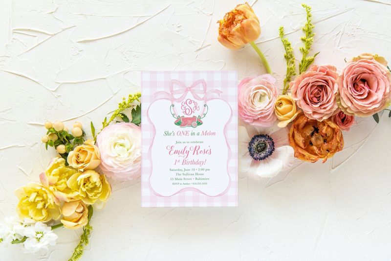 Watermelon First Birthday Invitation - Preppy Pink Monogram - One in a Melon - Gingham Bow Party - Watercolor Watermelon - Watermelon Party (10 printed invitations | Plain White Envelopes)