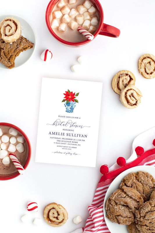 Christmas Bridal Shower Invitation, Ginger Jar Invite, Poinsettia Invitation, Winter Bridal Tea, Holiday Bridal Shower, Bridesmaids Luncheon (10 printed invitations | Plain White Envelopes)