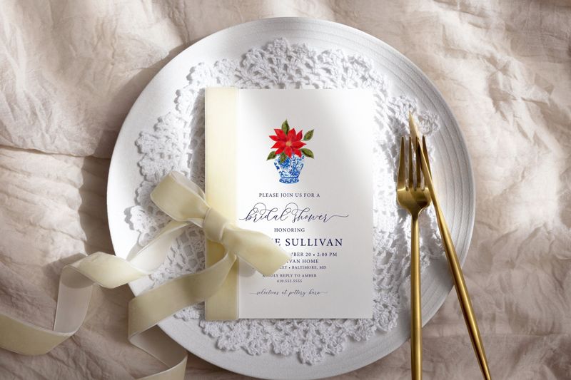 Christmas Bridal Shower Invitation, Ginger Jar Invite, Poinsettia Invitation, Winter Bridal Tea, Holiday Bridal Shower, Bridesmaids Luncheon (10 printed invitations | Plain White Envelopes)