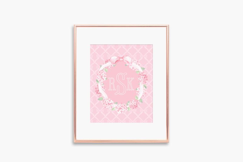 Pink Wall Art for Nursery - Printed Monogram Wreath 8x10" - Girl Room Decor - Baby Girl Nursery - Grandmillenial Girls Room - Hydrangea Bow (5x7)
