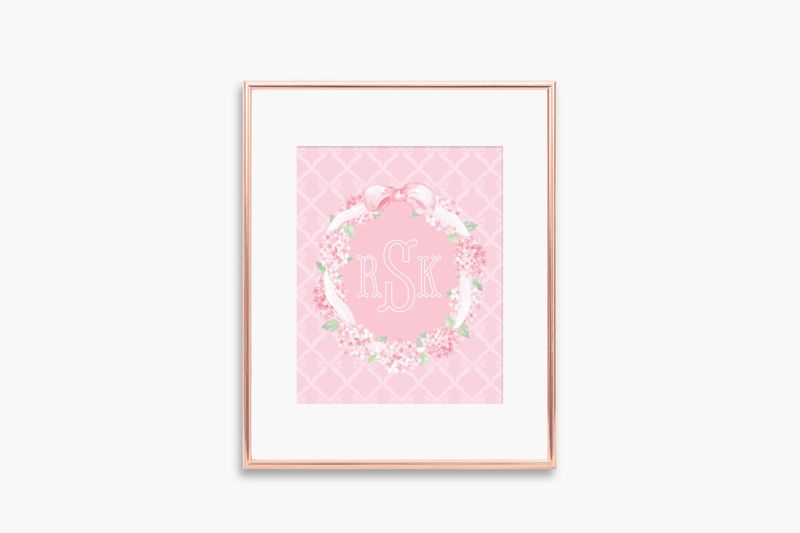 Pink Wall Art for Nursery - Printed Monogram Wreath 8x10" - Girl Room Decor - Baby Girl Nursery - Grandmillenial Girls Room - Hydrangea Bow (5x7)