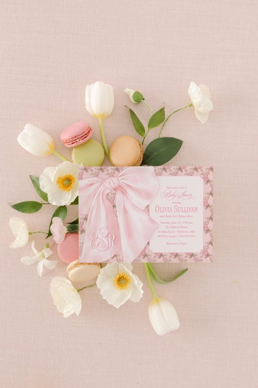Fancy Pink Bow Baby Girl Shower Invitations - Whimsical Girl Baby Sprinkle - Monogram Pink Bow Love Fancy Party (10 printed invitations, Plain White Envelopes)