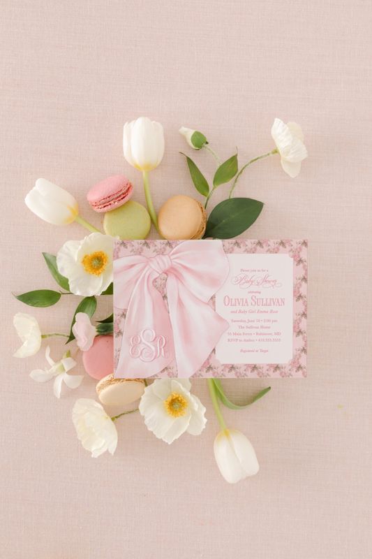Fancy Pink Bow Baby Girl Shower Invitations - Whimsical Girl Baby Sprinkle - Monogram Pink Bow Love Fancy Party (10 printed invitations, Plain White Envelopes)