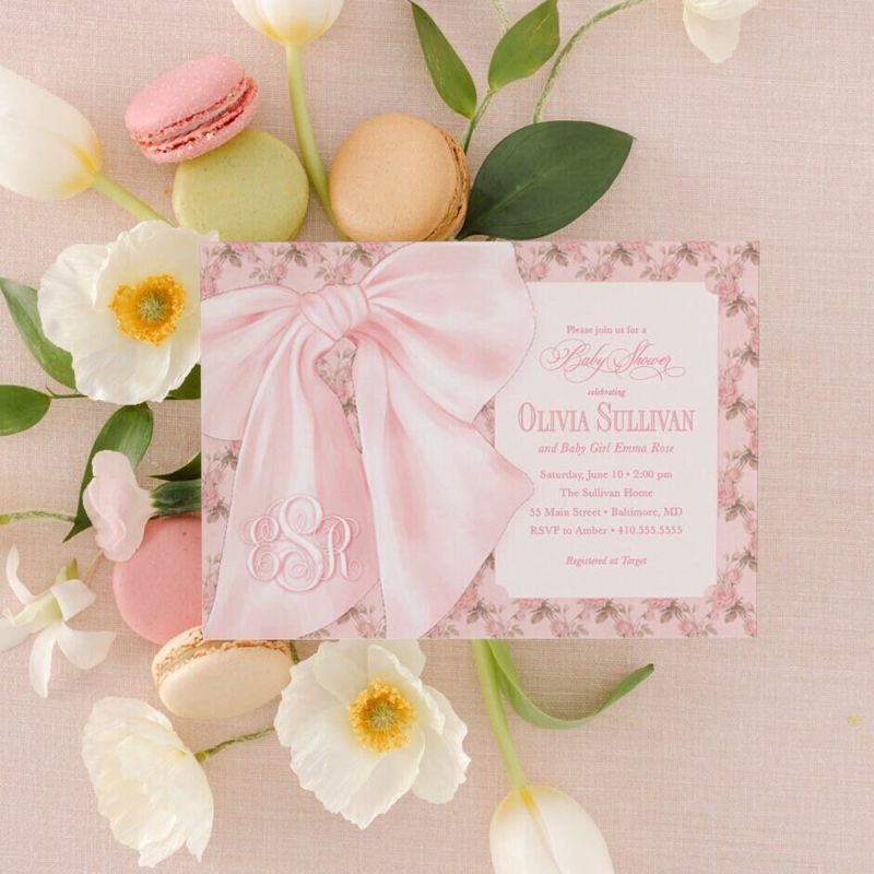 Fancy Pink Bow Baby Girl Shower Invitations - Whimsical Girl Baby Sprinkle - Monogram Pink Bow Love Fancy Party (10 printed invitations, Plain White Envelopes)