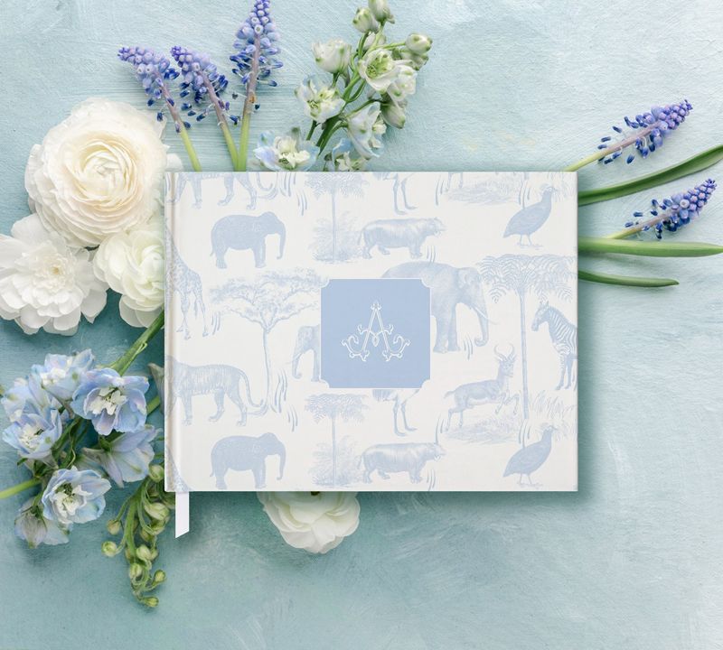 Classic Safari Toile Boy Baby Shower Guest Book - Traditional Monogram Pastel Blue Toile Book - Baby Boy Sprinkle Guest Book Monogram (A)
