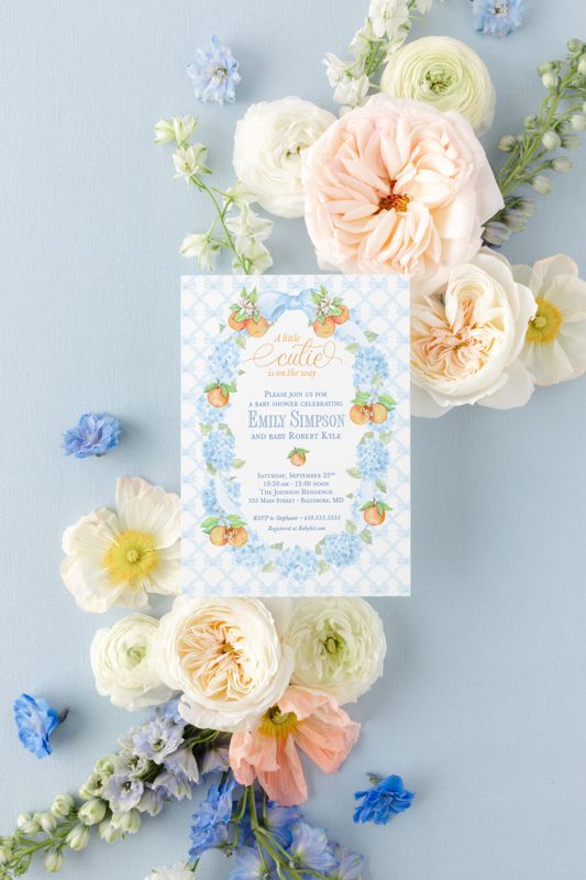 Little Cutie is on the way - Grandmillenial Baby Boy Shower Invitations for Bow Frame, Sprinkle for Baby Boy, Hydrangea Bow Wreath, Oranges (10 printed invitations | Plain White Envelopes)