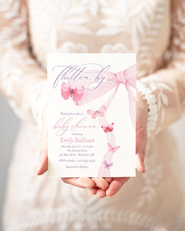 Baby Girl Shower Invitation with Butterflies, Pink Bow and Butterfly girl baby sprinkle, heirloom bow, girl butterfly birthday party (10 printed invitations | Plain White Envelopes)