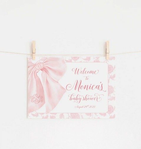 Printed Pink Chinoiserie Baby Shower Welcome Sign - 24x18" welcome poster - sip and see sign - watercolor pink bow - garden tea party (18x24")