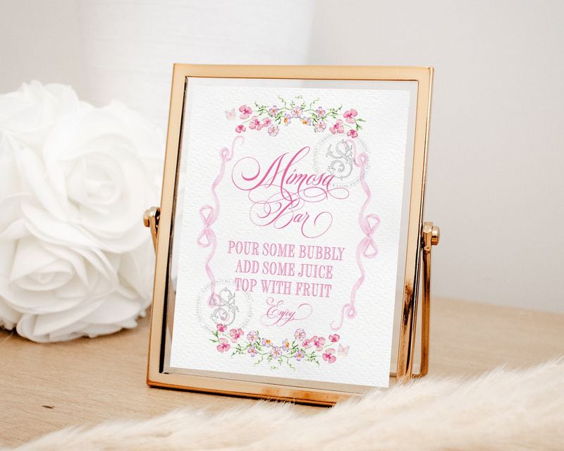 Mimosa Bar Sign for Girl Baby Shower Printable with Pink Bow and flowers - Printable 8x10 - Baby Girl Sprinkle