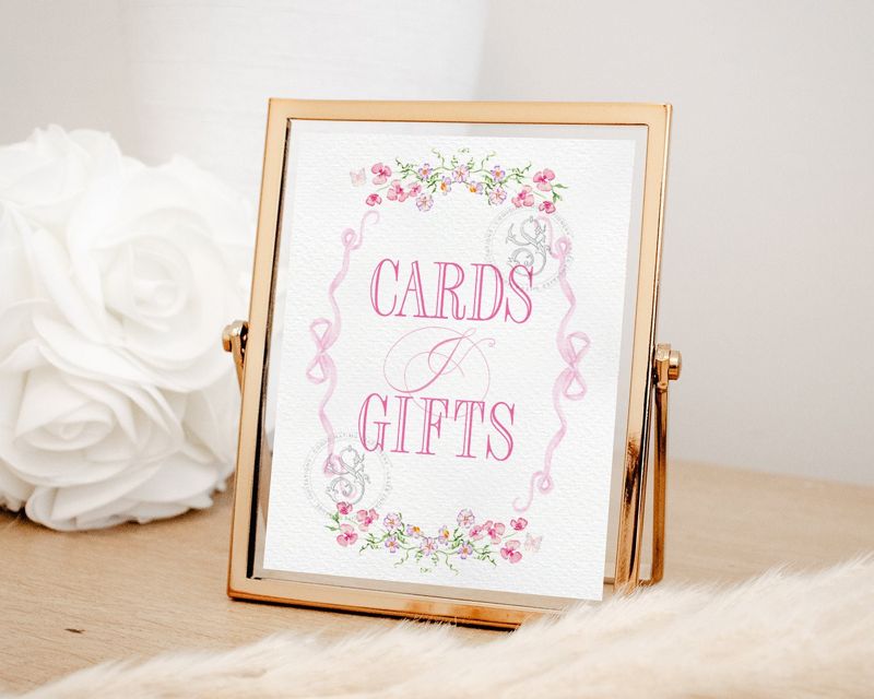 Cards and Gifts Sign for Girl Baby Shower Printable with Pink Bow and flowers - Printable 8x10 - Baby Girl Sprinkle