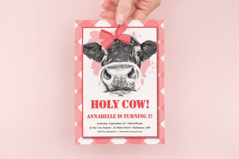 Holy Cow - Red Gingham Birthday Party Invitation - Girl Farm Party Invites - Girl Birthday Party Invitation - Red Cow Birthday Invitation (10 printed invitations | Plain White Envelopes)