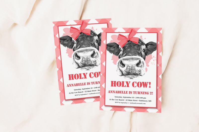 Holy Cow - Red Gingham Birthday Party Invitation - Girl Farm Party Invites - Girl Birthday Party Invitation - Red Cow Birthday Invitation (10 printed invitations | Plain White Envelopes)