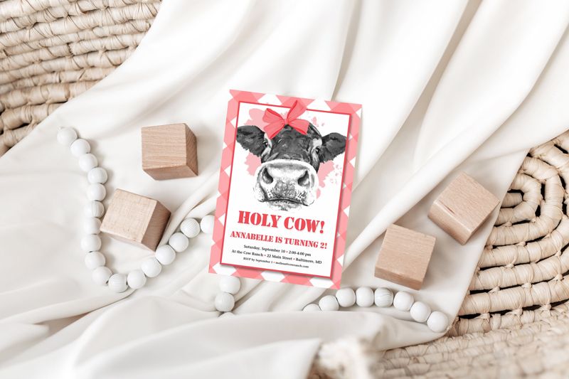 Holy Cow - Red Gingham Birthday Party Invitation - Girl Farm Party Invites - Girl Birthday Party Invitation - Red Cow Birthday Invitation (10 printed invitations | Plain White Envelopes)