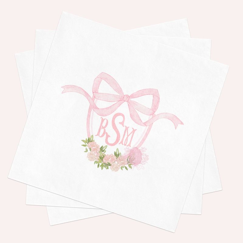 Custom Napkins for Baby Shower or Birthday Party, Pink Bow Monogram Crest Paper Napkins, Baby Girl Sprinkle Cocktail Napkins (100 Printed Napkins)
