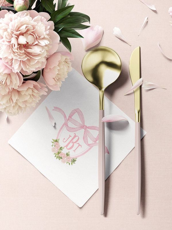 Custom Napkins for Baby Shower or Birthday Party, Pink Bow Monogram Crest Paper Napkins, Baby Girl Sprinkle Cocktail Napkins (100 Printed Napkins)