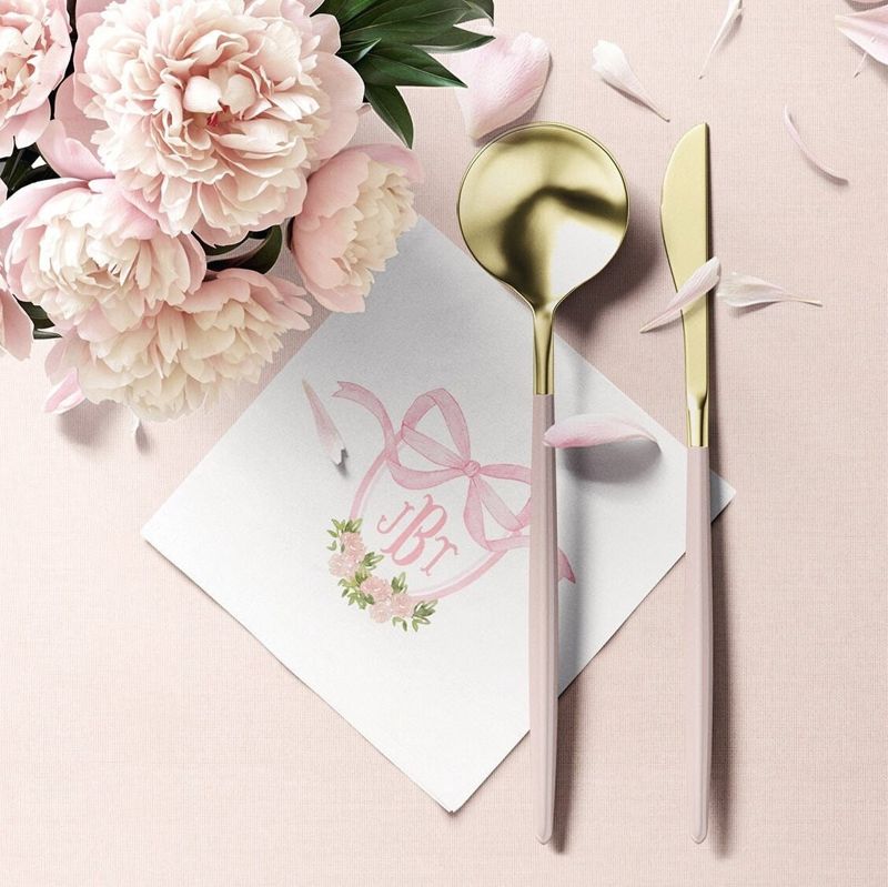 Custom Napkins for Baby Shower or Birthday Party, Pink Bow Monogram Crest Paper Napkins, Baby Girl Sprinkle Cocktail Napkins (100 Printed Napkins)