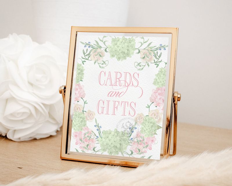 Cards and Gifts Sign for Girl Baby Shower Printable with Hydrangeas - Printable 8x10 - Baby Girl Sprinkle