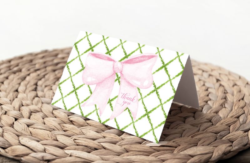 Preppy Pink Bow Trellis Thank You Notes - Pink Bow Notes - Printed Note Cards - Girl Baby Shower Thank You - Heirloom Bow - Watercolor Bow (20 printed notes)