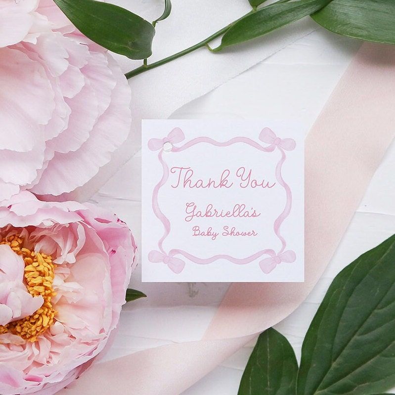 Girl Baby Shower Favor Tags - Pink Bow Baby Girl Shower - Thank you tags - Girl Birthday Party (20 printed notes)