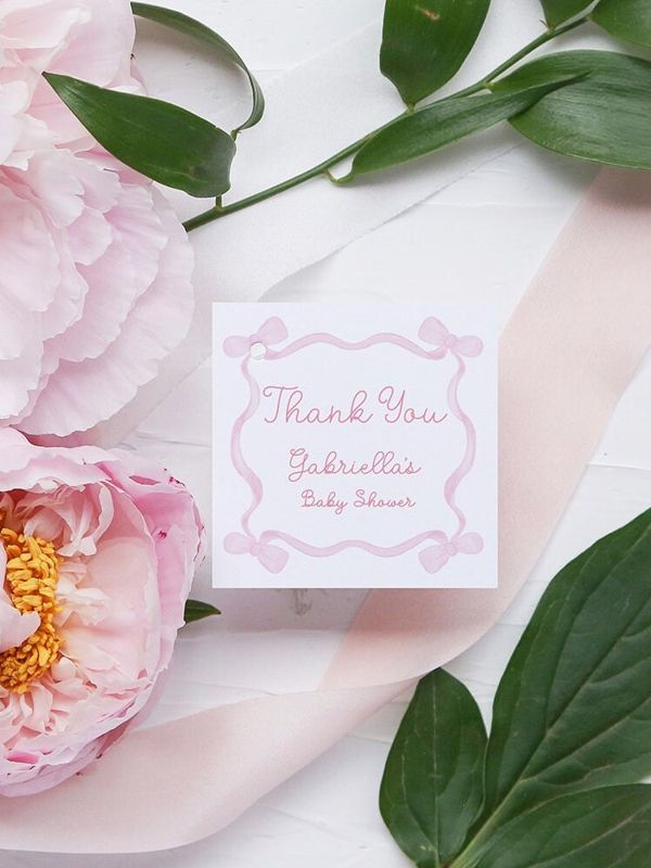 Girl Baby Shower Favor Tags - Pink Bow Baby Girl Shower - Thank you tags - Girl Birthday Party (20 printed notes)