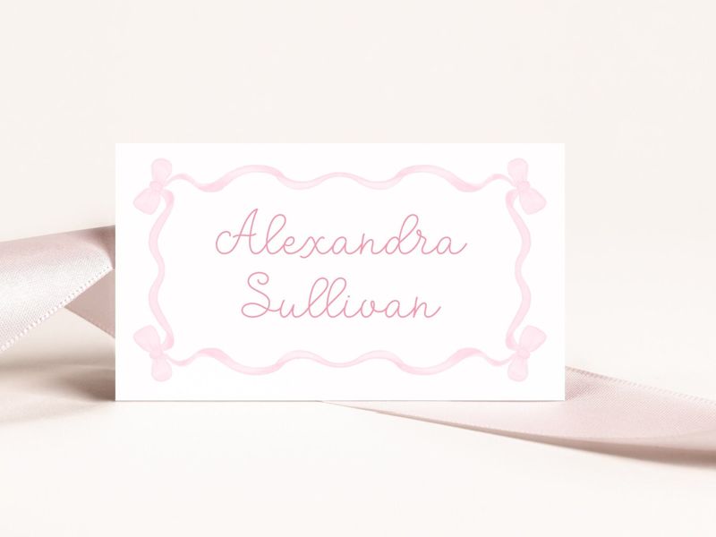 Printed Escort Cards for Baby Girl Shower - Fancy Pink Bow Ribbon Watercolor Place Cards - Personalized Seating Cards (10 escort cards)