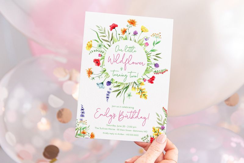 Wildflower Birthday Invitations - Our Little Wildflower - Wildflower Garden Party - Girl Birthday - Wildflower Garden Birthday Invites (10 printed invitations | Plain White Envelopes)