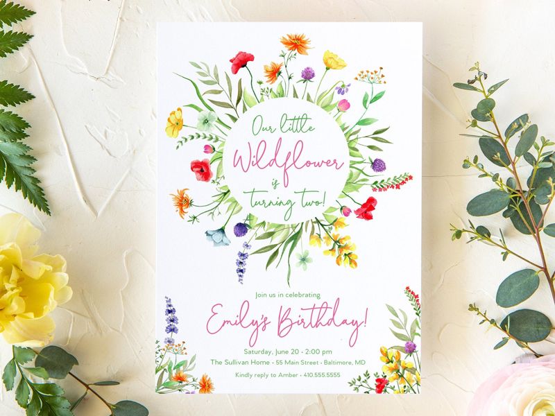 Wildflower Birthday Invitations - Our Little Wildflower - Wildflower Garden Party - Girl Birthday - Wildflower Garden Birthday Invites (10 printed invitations | Plain White Envelopes)